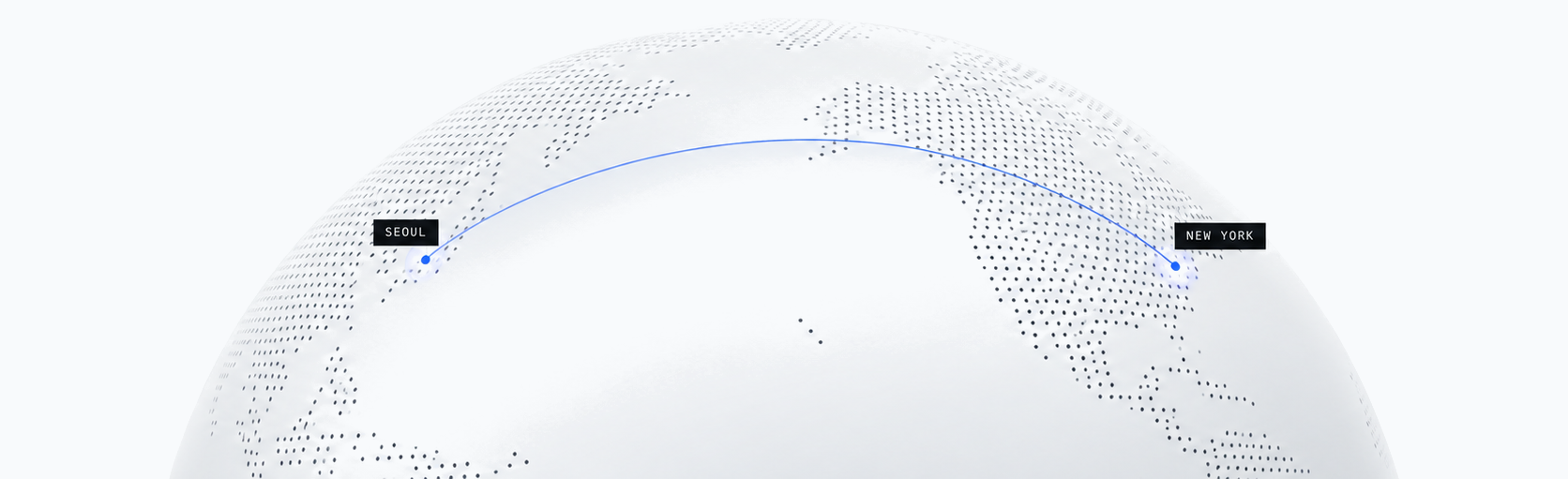 A globe with Seoul and New York marked and an arc drawn between them across the Pacific