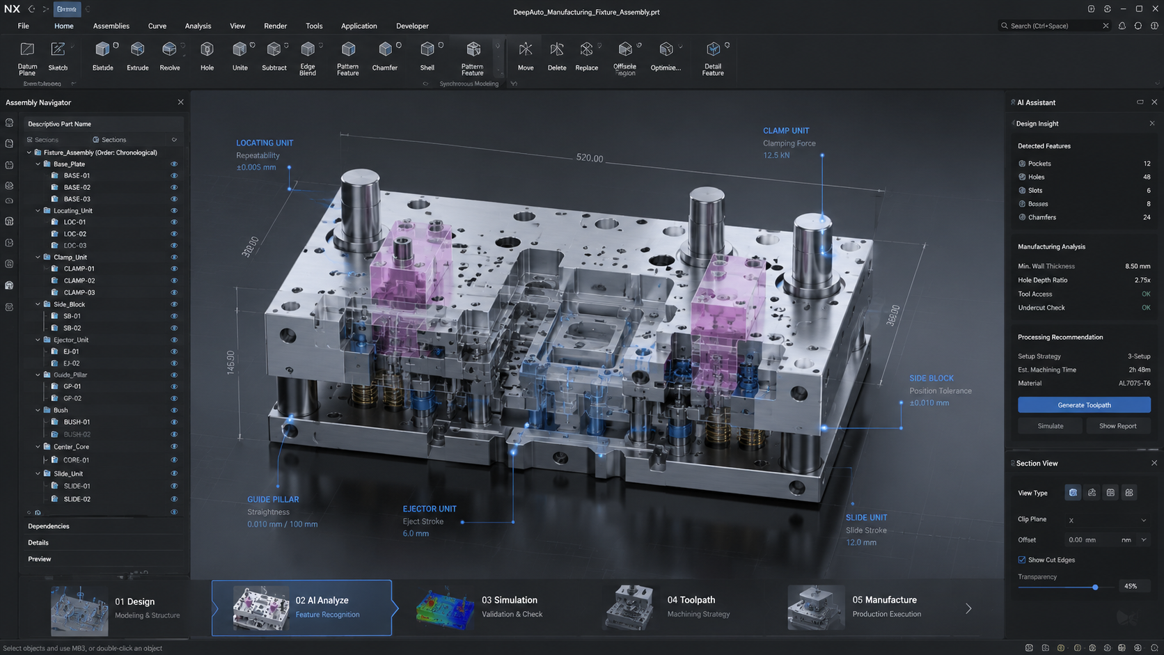 DeepAuto AI design workspace — Assembly Navigator, 3D feature recognition with dimensional and tolerance callouts, AI Design-Insight panel, and the design-to-manufacture workflow