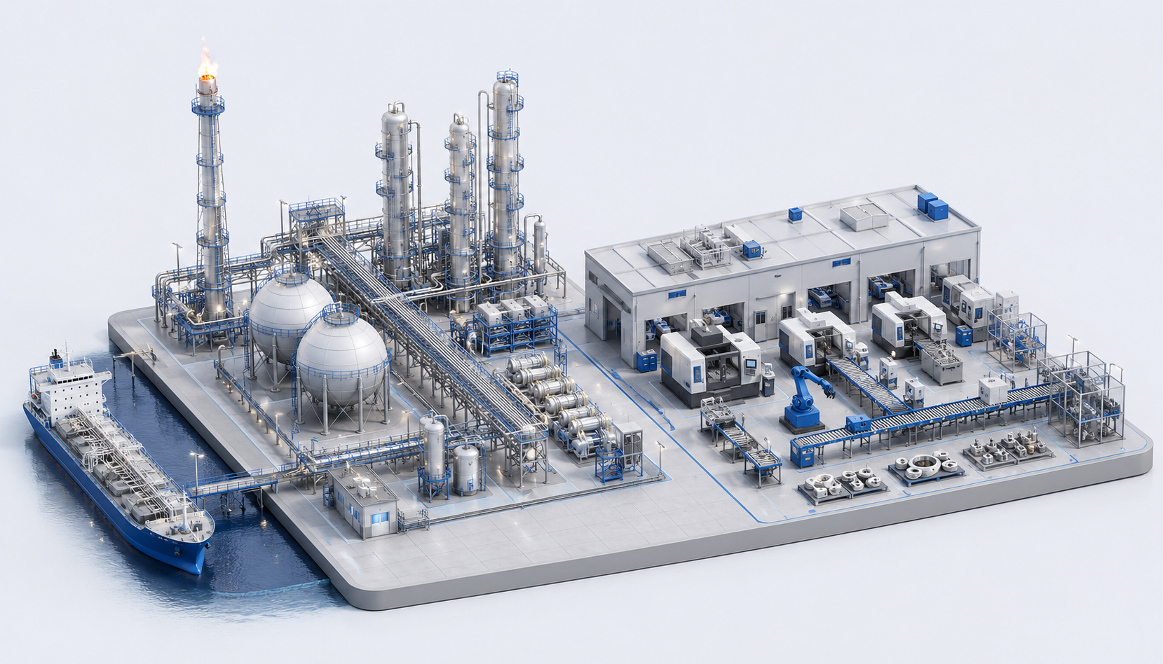 Two industrial operating systems on one foundation — a process plant on the left and a discrete-manufacturing factory on the right