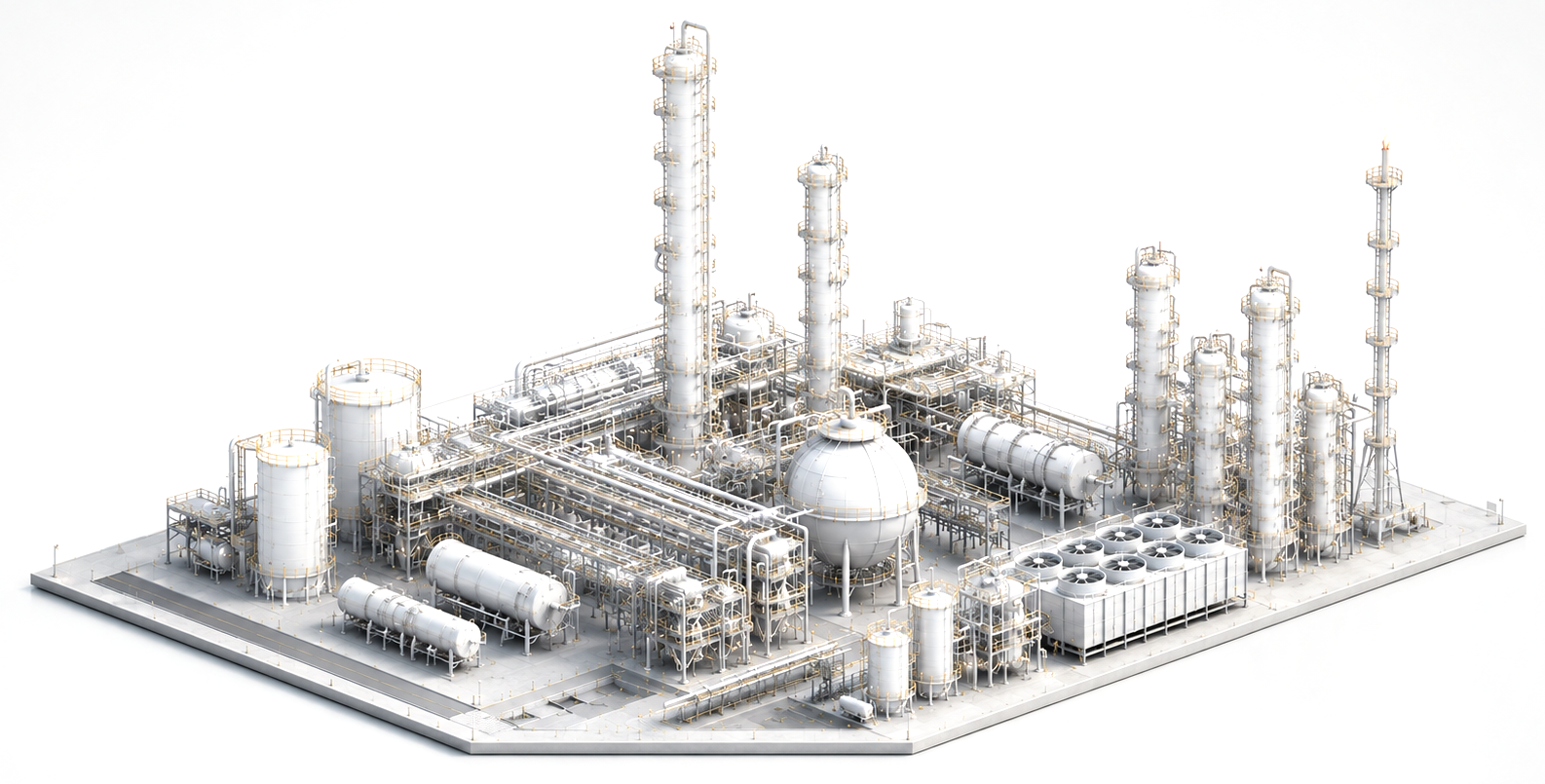 A chemical plant seen from above, with the tower, reactor and pump tagged and exchanger E-101 flagged
